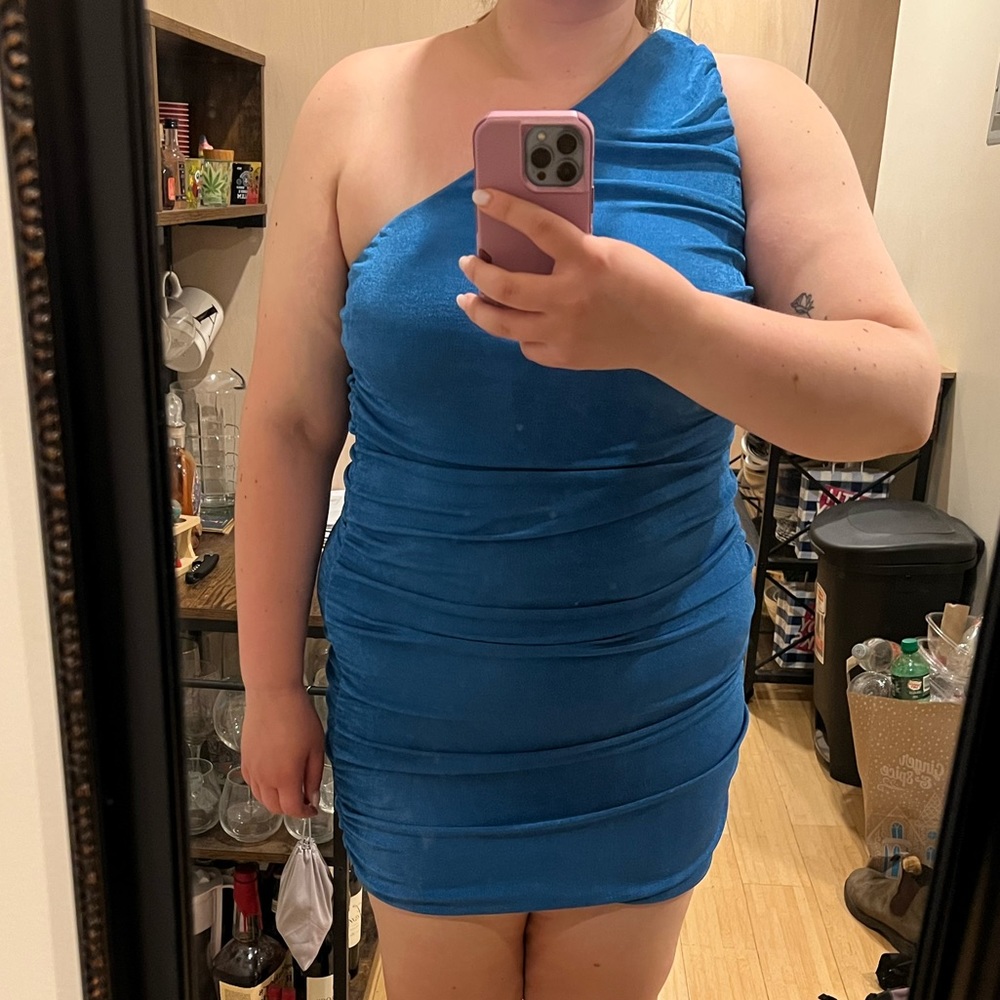 Blue one shoulder ruched mini dress